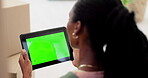 Black woman, green screen or tablet for online shopping in new home on social media mockup space. Ecommerce, back or African person on web to search or scroll for real estate or apartment product