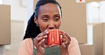 Thinking, new house or happy black woman with coffee to relax or celebrate real estate goal. Tea drink, plan or face of African person in dream home or apartment for a property investment with ideas