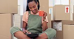 Home, small business and tablet with black woman smile from coffee and web shop growth. Stock, ecommerce and female person with digital support work for distribution and shipping package order