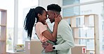 Hug, couple and smile for moving to new house, real estate investment and freedom of financial security. Happy black people, man and woman embrace for celebration, mortgage loan and property rental 