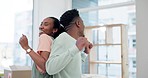 Dance, couple and celebrate moving to new house, real estate investment or freedom of financial security. Happy black people, excited or hug for energy, celebration or mortgage loan for home property