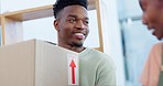Help, packing box and couple moving house for real estate, relocation and property investment. Black man and woman happy about new home, mortgage loan or talking of pillow for decoration at apartment