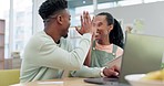 Couple, laptop and celebrate or high five at home for success, bills and paper. Happy black man and woman with a computer excited for loan approval, lottery results or good news and online win