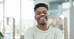 Face, smile and laughing with a designer black man in his office for the start of a creative career. Portrait, funny and a happy young employee in a workplace for a design or marketing internship