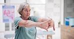 Old woman, stretching and physical therapy with senior care, health and body wellness at chiropractic clinic. Physio, healthcare and rehabilitation for fitness and help with arthritis and muscle 