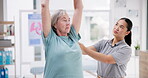 Senior woman, physical therapy and stretching exercise or workout support in rehabilitation, physiotherapy or healthcare. Medical nurse, chiropractor helping and elderly patient arm or muscle fitness