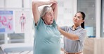 Physiotherapist, stretching and senior woman support, assessment and consulting on chiropractic arm rehabilitation. Physical therapy, orthopedic consultation and chiropractor helping elderly patient