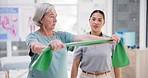 Stretching, resistance band and physiotherapist with old woman, equipment and helping in orthopaedic rehabilitation training. Osteoporosis, strength or arms workout for physiotherapy in clinic