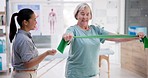 Physiotherapy, exercise and old woman with resistance band, therapist or equipment helping in rehabilitation training. Muscle, strength or stretching arms in workout with physiotherapist in clinic