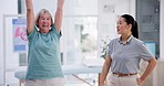 Physiotherapy, happy senior woman and stretching for recovery, exercise and healing from injury. Physical therapy, chiropractor and elderly person workout in rehabilitation, wellness and body health