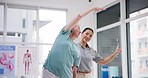 Physiotherapy, elderly woman and stretching arms for recovery, exercise and healing from injury. Physical therapy, chiropractor and senior person workout in rehabilitation, wellness and body health