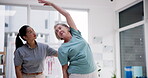 Senior woman, physiotherapist and stretching arm, workout support or fitness in physical therapy or healthcare clinic. Medical nurse, doctor or orthopedic helping an elderly patient for muscle health