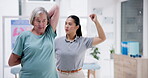 Physical therapy, senior woman and stretching arms in recovery, exercise and healing injury. Physiotherapy, elderly patient and chiropractor help workout in rehabilitation, wellness and body health