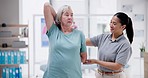 Physiotherapy, senior woman and stretching arms in recovery, exercise and healing injury. Physical therapy,  elderly patient and happy chiropractor help in rehabilitation, wellness and body health