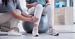 Senior care, physiotherapist and legs on gym ball for rehabilitation, joint pain and support in healthcare. Physio, elderly person with caregiver and help with exercise, workout and mobility training