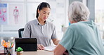 Speaking, senior woman and doctor with consultation, office and conversation with feedback, notes or diagnosis. Elderly person, old lady or medical professional with advice, appointment or healthcare