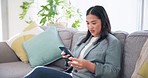 Online banking, home and woman with a cellphone, credit card and password with payment, financial transaction and ecommerce. Person on a sofa, digital app and girl with a smartphone and investment