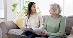 Senior woman, insurance agent and home documents in advice, questions and client support or planning for sign up. Advisor with elderly person on sofa and contract, pension and retirement information