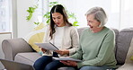 Senior woman, insurance agent and sofa for documents advice, questions and client meeting or planning contract. Advisor and elderly person for home sign up, policy agreement or retirement information