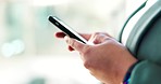 Phone, hands and scroll online for communication, networking and search on a website. Closeup of a business woman with a smartphone for internet connection, social media message or typing email