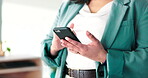 Hands, phone and typing online for communication, networking and search on a website. Closeup of a business woman with a smartphone for internet connection, social media message and email or scroll