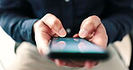 Phone, hands and typing online for communication, networking and search on a website. Closeup of business person with a smartphone for internet connection, social media or writing email on mobile app