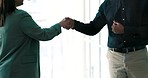 Business people, motivation or handshake for deal, partnership or collaboration closeup. Shaking hands, woman or businessman in agreement for b2b meeting success, welcome or thank you for promotion