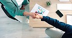 Business people, top view or shaking hands for job interview, partnership or collaboration. Handshake, closeup of hr woman or businessman in agreement for b2b meeting success, welcome or thank you 