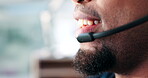 Call center, talking or mouth of man on mic in communication or speaking in customer service. Closeup of headset, CRM or financial sales agent consulting at telemarketing, tech support or help desk