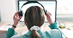 Call center, finish or woman on computer in headphones for communication in customer service help desk. Back, CRM or sales agent consulting online on screen at tech support to end shift in office