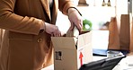 Woman, tablet and packing box in logistics, shipping or online order for delivery or payment at store. Closeup of female person, hands and technology with package, parcel or cargo for courier service