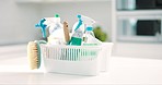 Basket, cleaning chemical and hygiene with bottle of disinfectant spray, brush and service. Housekeeping background, maintenance and sanitizer, hospitality and tools with liquid detergent and labor