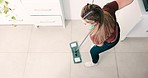 Top view, woman and cleaning with dance, happy and motivation with radio, streaming music and relax. Person, lady and cleaner with a broom for sweeping, sound and energy with audio, song and home