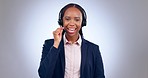 Woman, face and call center  communication in studio for customer service, FAQ advisory and IT questions. Portrait of african telemarketing agent, virtual assistant and CRM contact on grey background