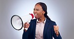 Business woman, megaphone and protest, voice or power and broadcast or announcement on white background. African person, leader or speaker for noise, call to action and attention or warning in studio