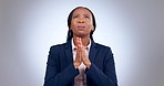 Praying, hands and business woman in faith for career, job or opportunity, asking god for help and support in studio. Sad worker or African person with prayer emoji and religion a white background