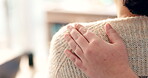 Hand, shoulder and comfort patient in home for cancer diagnosis closeup. Consultation, caregiver and support person, healthcare and medical professional help for care, kindness and empathy in healing