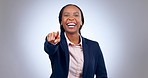 Business woman, choice and pointing you for recruitment success, winner and promotion announcement in studio. Face of African person for join us, HR hiring and career opportunity on white background