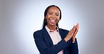 Business woman, face and applause in studio for success, winner and achievement on grey background. Portrait of happy african worker clapping hands for celebration, praise and congratulations of deal