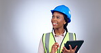 Woman, construction and engineering with tablet in studio for project management, industrial development or ideas on grey background. Happy african architect, contractor or thinking with digital tech