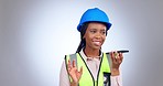 Black woman with smile, engineering and phone call in studio with questions and advice in project management. Construction, architecture and talk, happy girl with cellphone on gradient background.