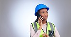 Black woman with helmet, engineering and phone call in studio with questions and advice in project management. Construction, architecture and talk, confused girl with cellphone on gradient background