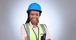 Face, woman and engineering in studio for construction, logistics management or industrial development on grey background. Portrait, happy african technician and building contractor with arms crossed