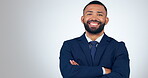 Happy, face and businessman with arms crossed and agreement, deal and success in studio white background. Shaking head, yes and portrait of entrepreneur in Portugal development, business or manager