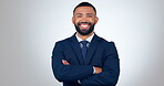 Happy, face and businessman with arms crossed in confidence, pride or success in studio white background. Professional, portrait and accountant in Portugal with leadership and entrepreneurship