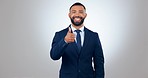 Face, business and man with thumbs up, support and agreement on a white studio background. Portrait, person and employee with hand gesture, like and sign with icon, symbol and winning with thank you
