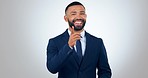 Happy business man, studio and point at you for applause, face or choice for recruitment by white background. HR agent, sign language or congratulations for decision, onboarding or hiring opportunity