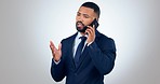 Business man, phone call and communication, networking and lawyer with deal negotiation on white background. Conversation, attorney and corporate contact with mockup space, chat and b2b in studio