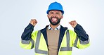 Construction, worker, winner or man for success, celebration and yes, power or achievement on white background. Face of excited engineering builder or architect fist, cheers or winning deal in studio