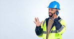 Engineering, man and phone call of construction design planning or project management communication in studio. African builder or worker, mobile chat and architecture mockup space on white background